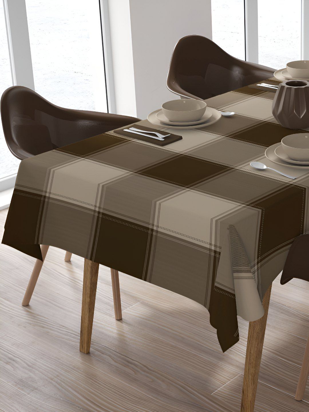 HOME COLORS.IN Brown & Beige Checkered Cotton 6 Seater Table Cover