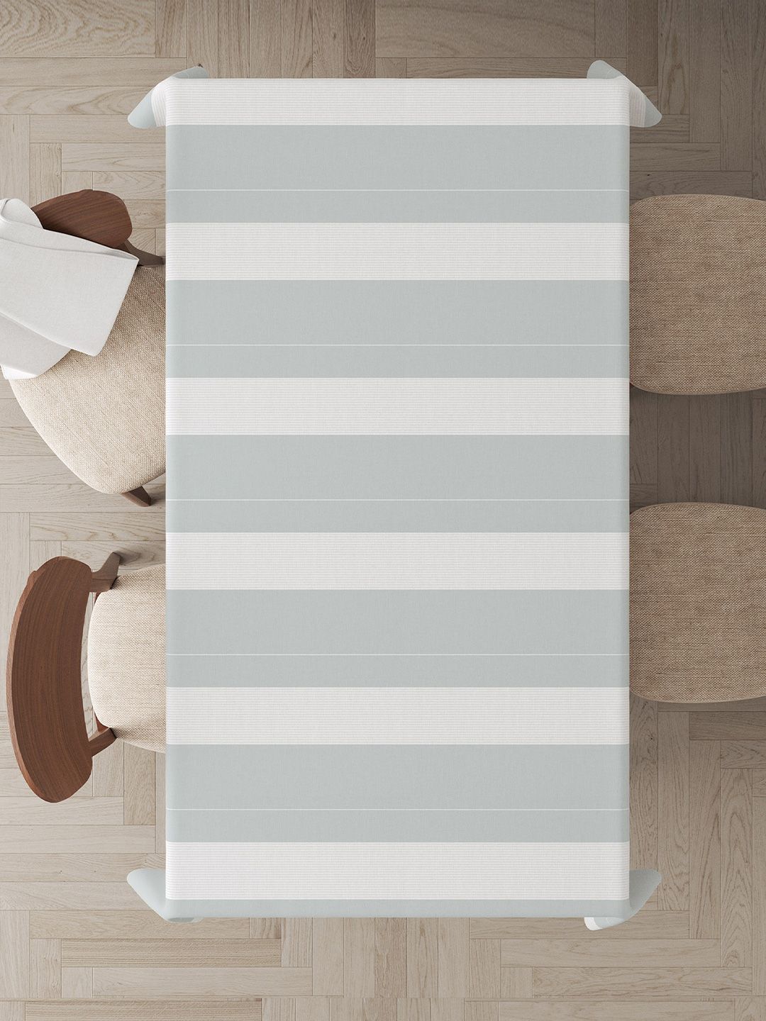 HOME COLORS.IN Green & White Striped Pure Cotton 4-Seater Table Cover