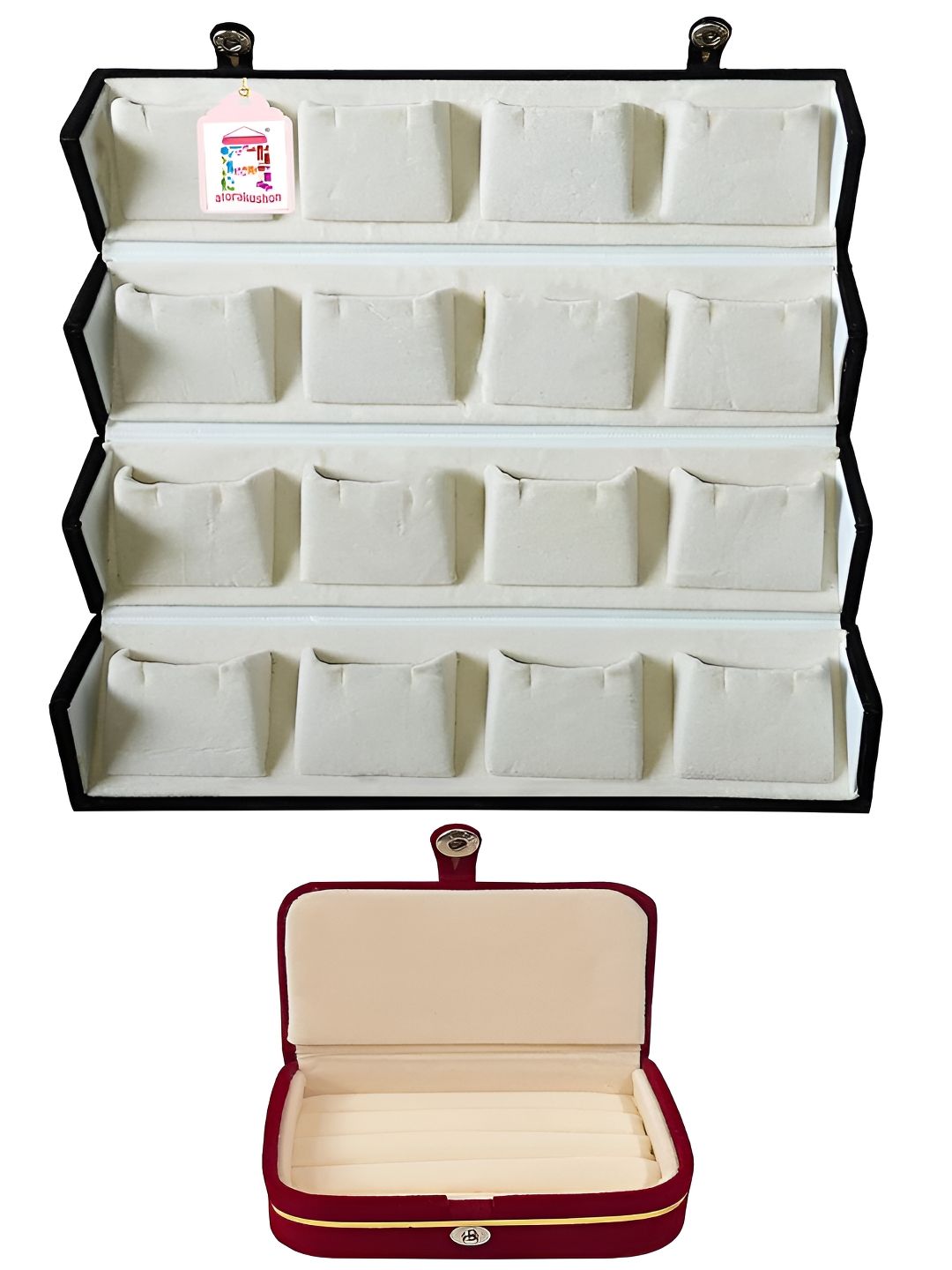 atorakushon Maroon & Cream 2 Pieces Velvet Reusable Jewellery Organisers