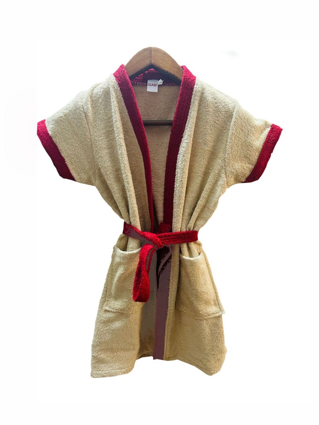 GAB Kids Off white & Red Pure Cotton Bath Robe With 2 Front Pockets