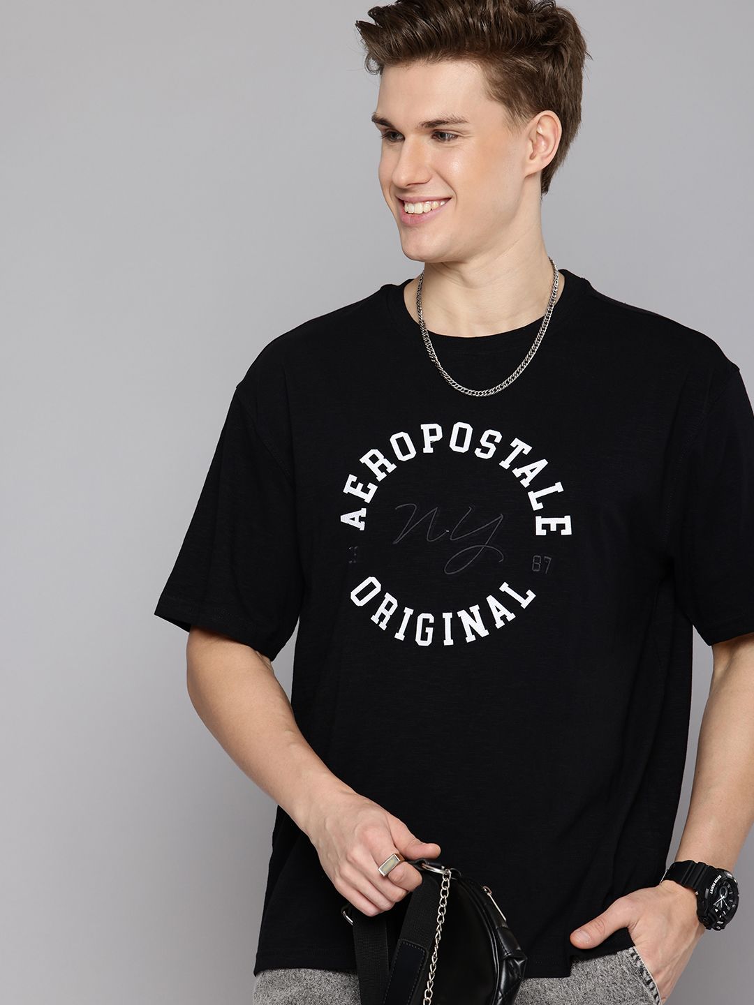 Aeropostale Pure Cotton Brand Logo Embroidered Drop-Shoulder Sleeves Relaxed Fit T-shirt