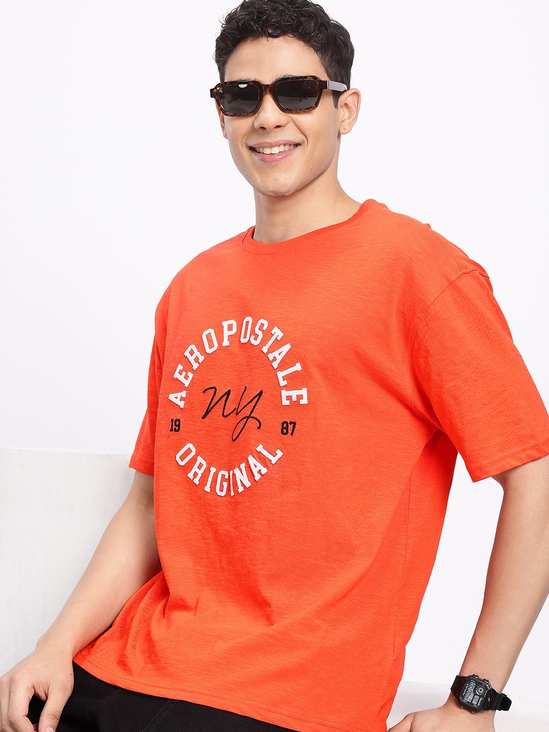 Aeropostale Pure Cotton Brand Logo Embroidered Drop-Shoulder Sleeves Relaxed Fit T-shirt