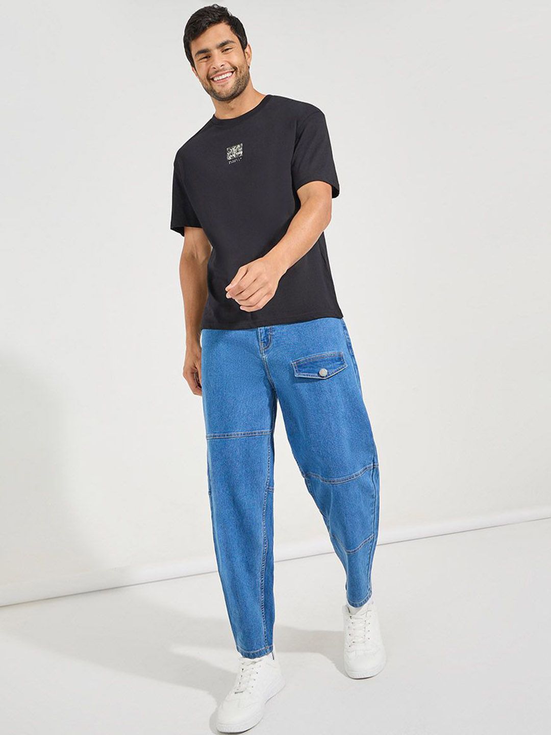 Styli Men Blue Solid Balloon Fit Clean Look Mid-Rise Dark Wash Cotton Denim Jeans