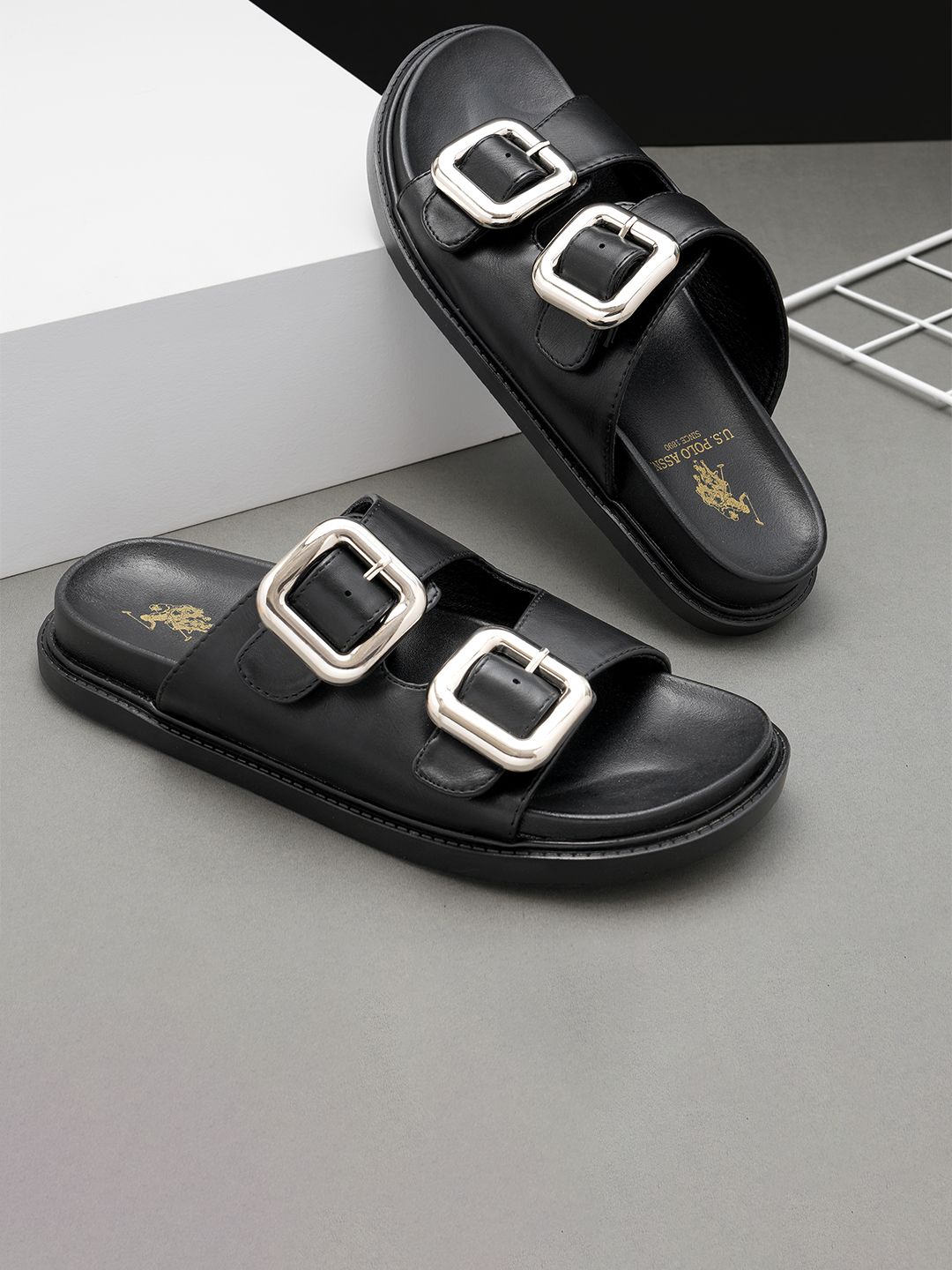 Women Open Toe Flats U.S. Polo Assn. Women Giovanna Black Footbed