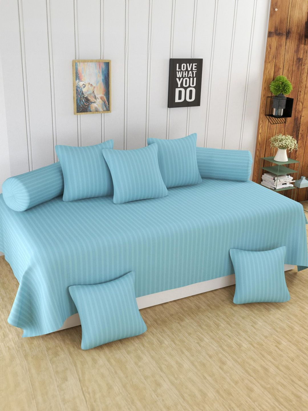 UrbanArts 8 Pcs Blue Striped 400 TC Diwan Set