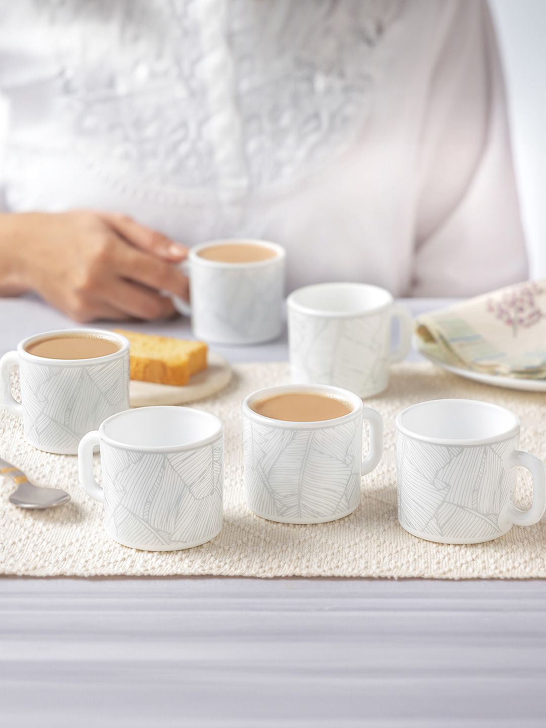Larah by BOROSIL White-Crowned Parrot White Leaf Opalware Microwave Safe 6 Piece Mugs-100ml