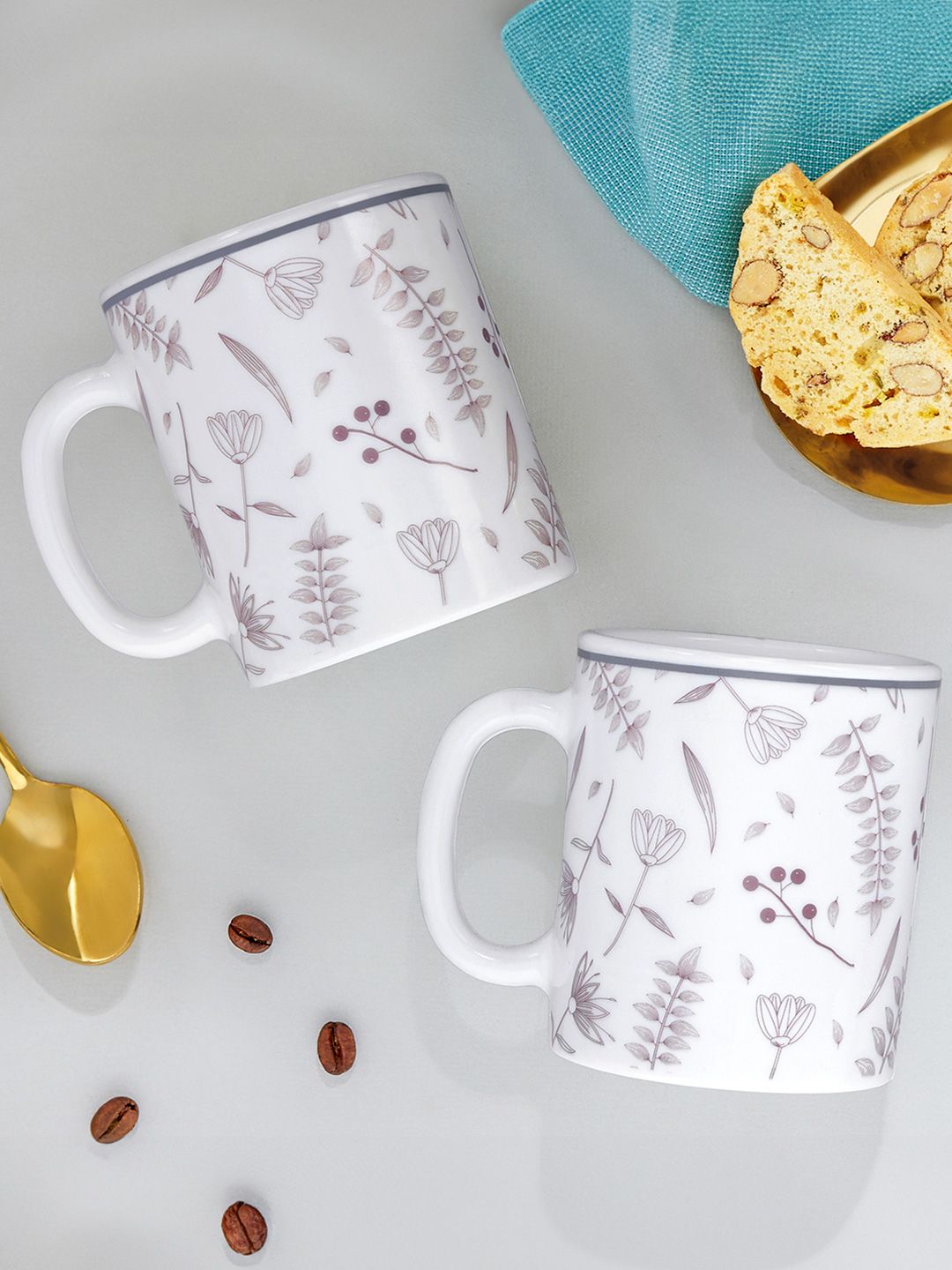 Larah by BOROSIL White Floral Opalware Microwave Safe 2 Piece Mugs-320ml