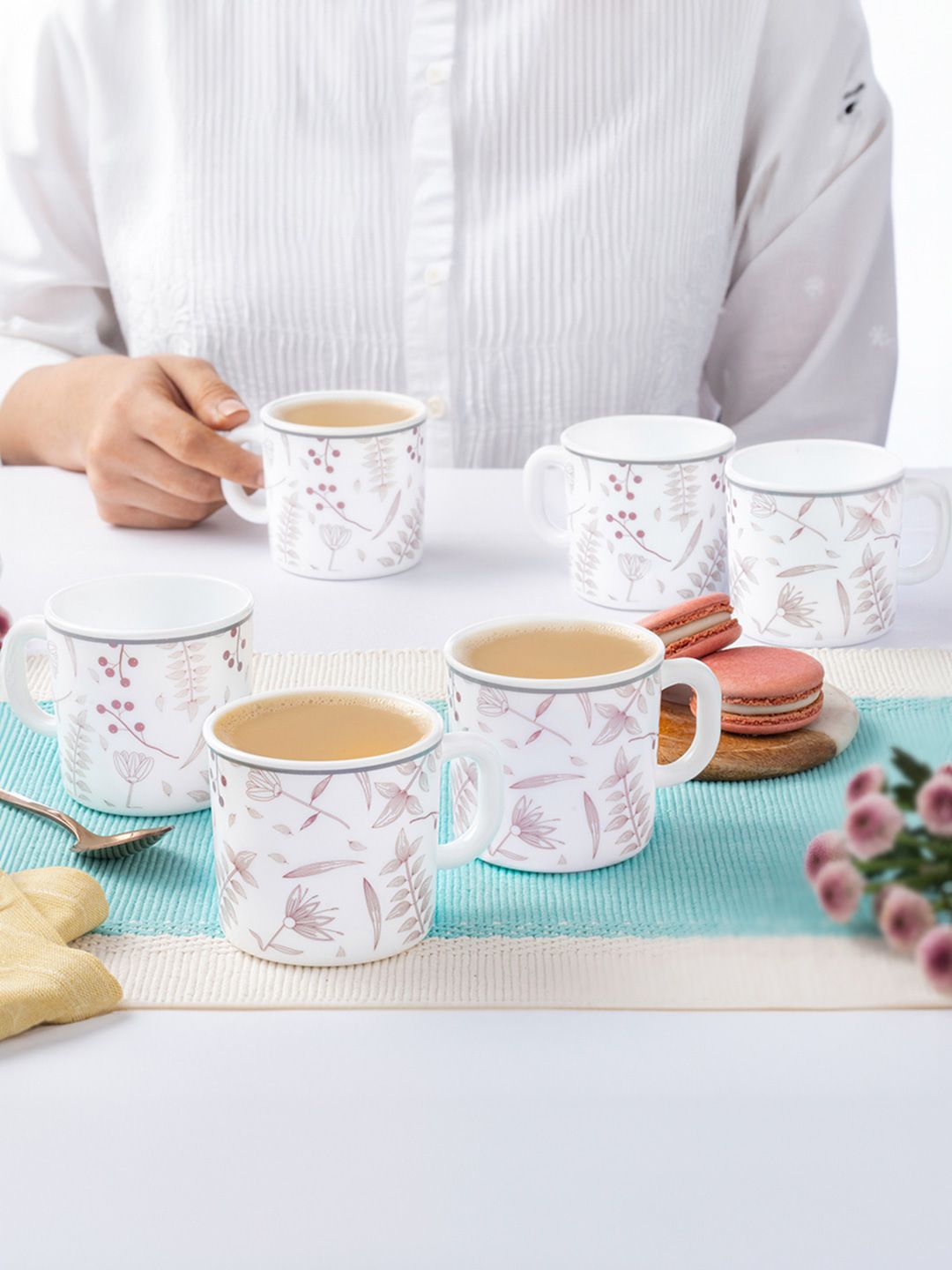 Larah by BOROSIL Premia Series Grandeur White 6Pcs Printed Opalware Mugs 180ml Each