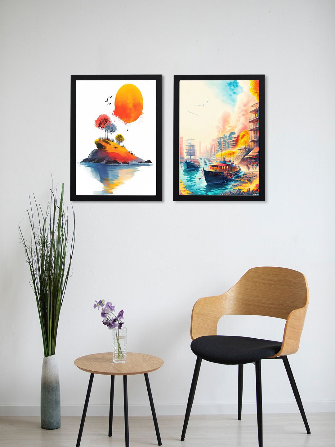 Giftii White Wood 2 Pcs Wall Living Room Rectangle Potrait Paintings Wall Art -13 x 9In