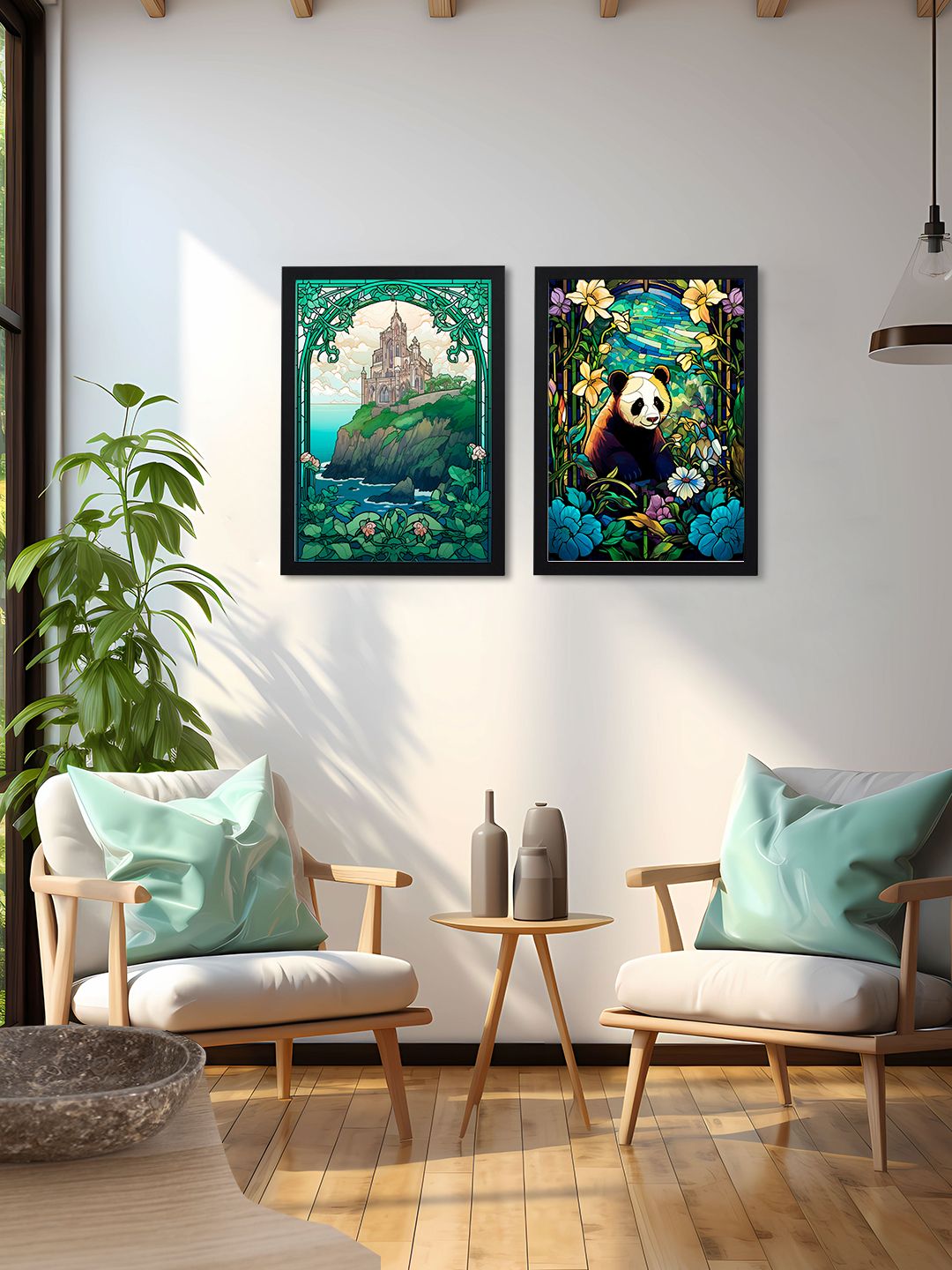 Giftii Green Wood 2 Pcs Wall Living Room Rectangle Potrait Paintings Wall Art -13 x 9In
