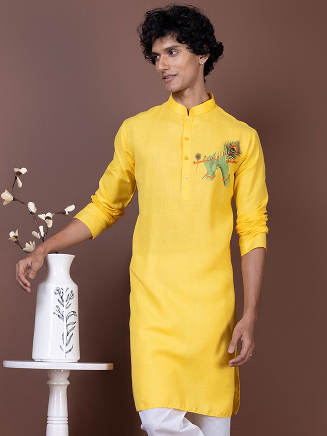 DEVOILER Printed Yellow Band Collar Cotton Straight Kurta