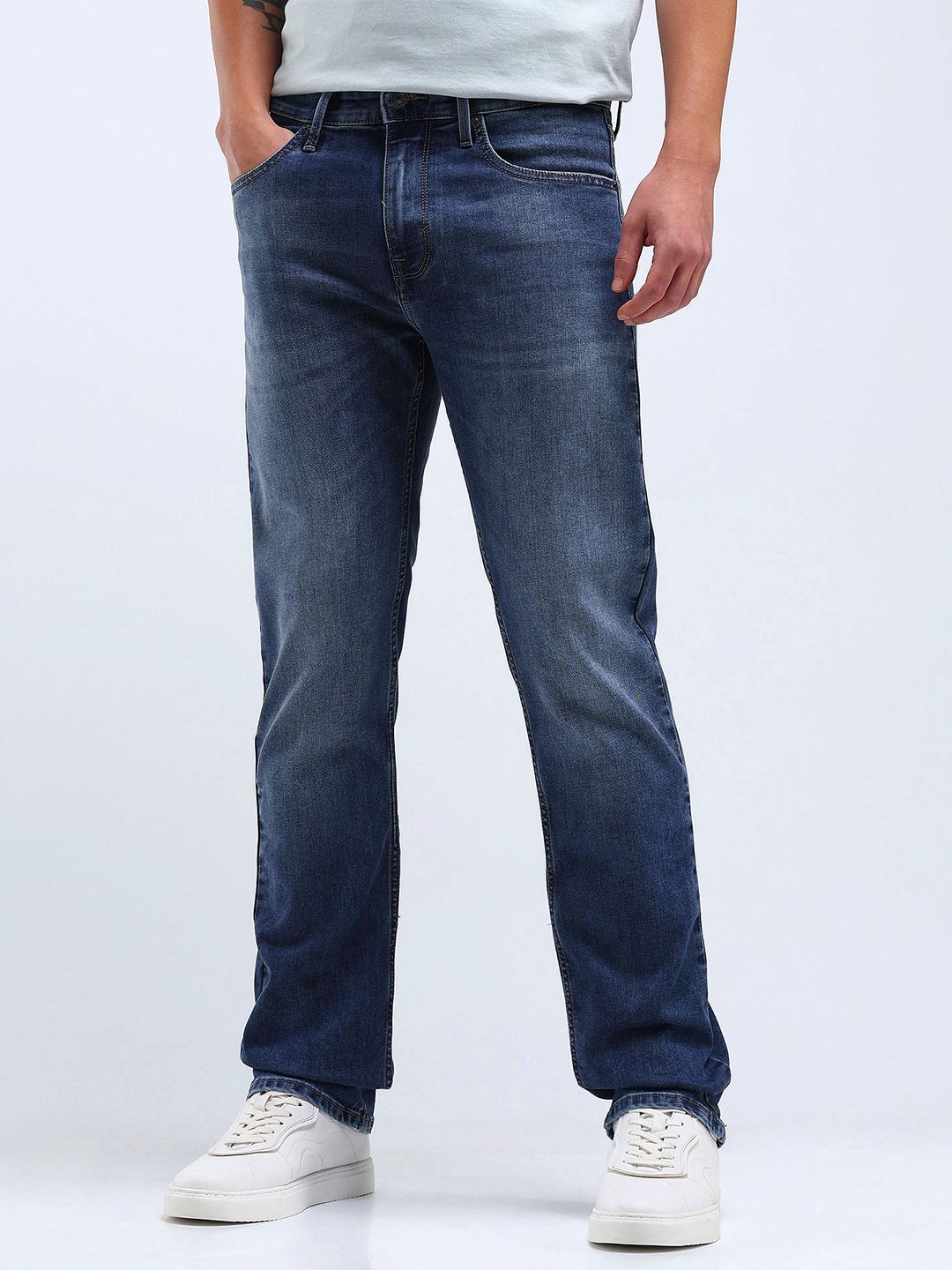 Flying Machine Men Straight Fit Low Distress Light Fade Stretchable Jeans