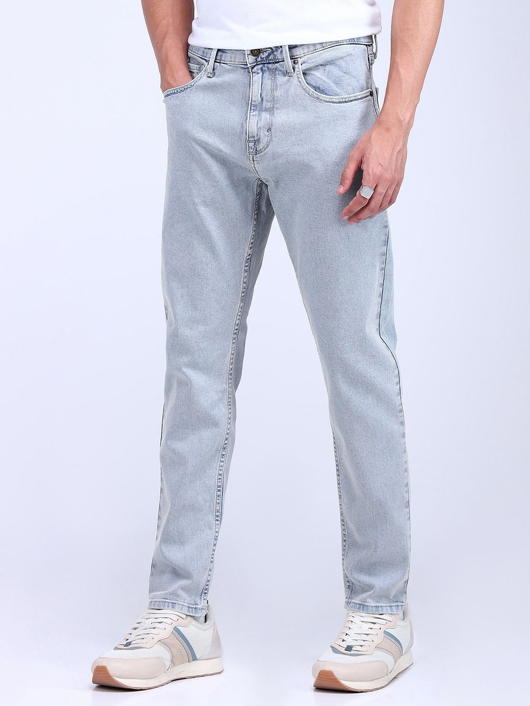 Flying Machine Men Tapered Fit Low Distress Heavy Fade Stretchable Jeans