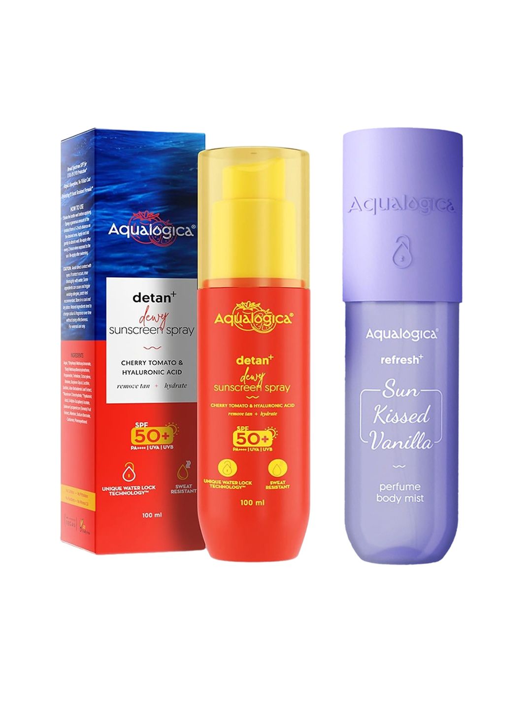 Aqualogica Aqualogica Set of Detan+ SPF 50+ Dewy Sunscreen Spray 100ml & Refresh+ Body Mist 150ml