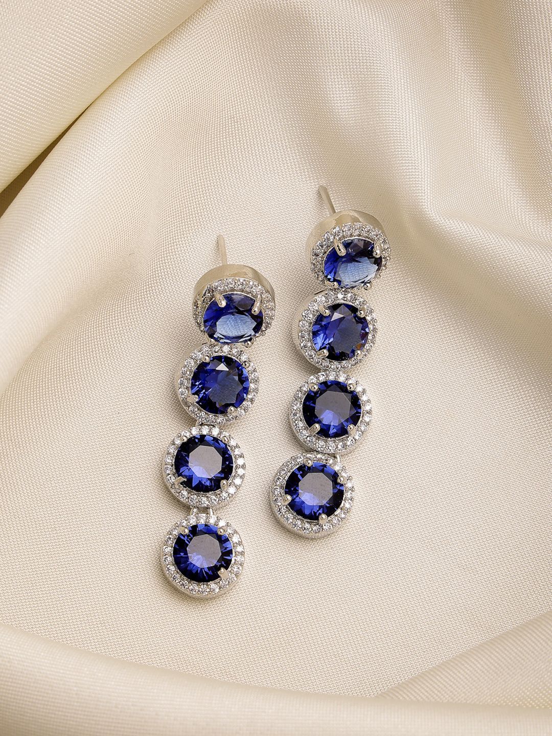 ZENEME Rhodium Plated American Diamond Circular Drop Earrings