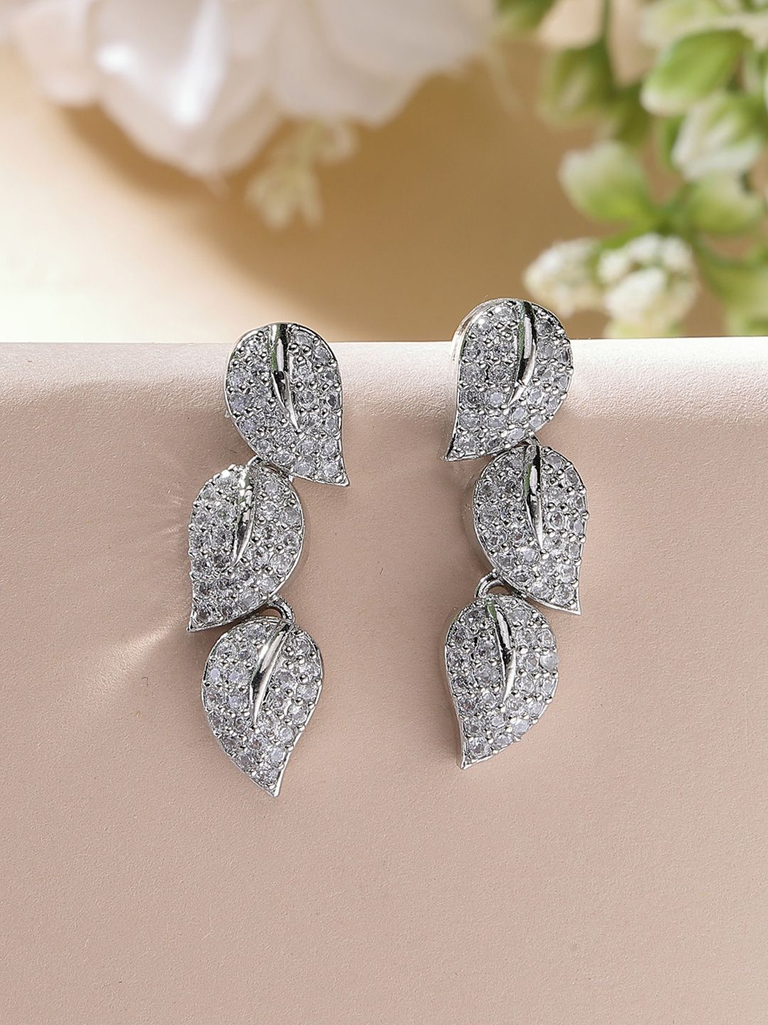 ZENEME Rhodium-Plated Leaf Shaped Drop American Diamond Earrings