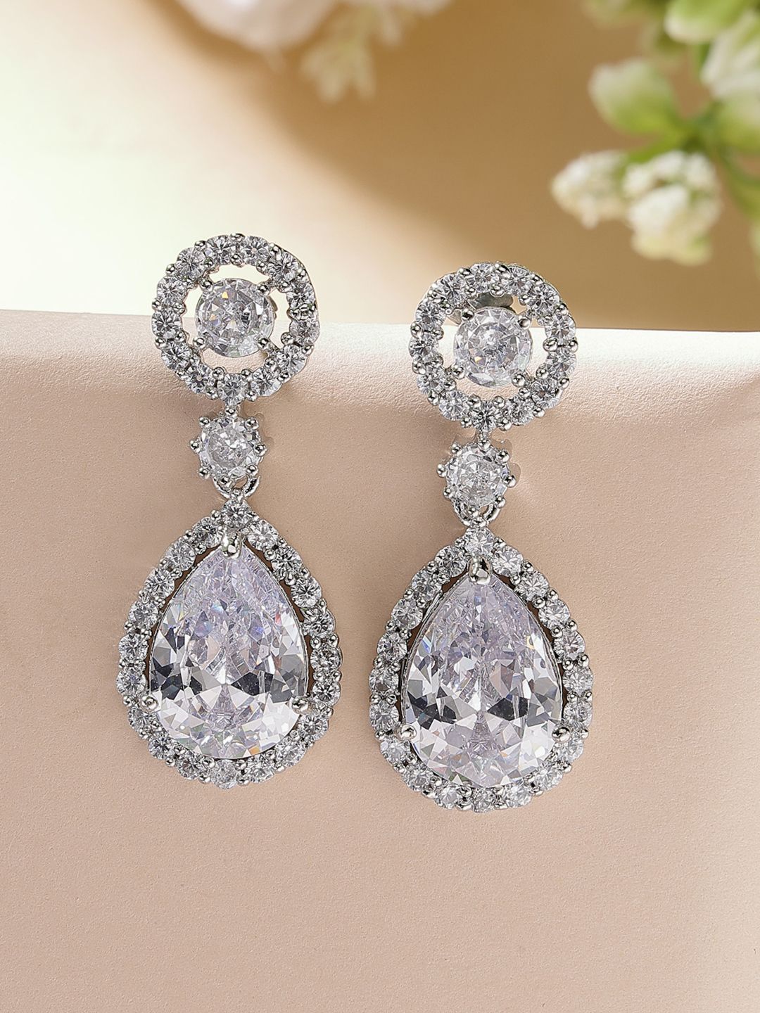 ZENEME Rhodium Plated Geometric American Diamond Drop Earrings