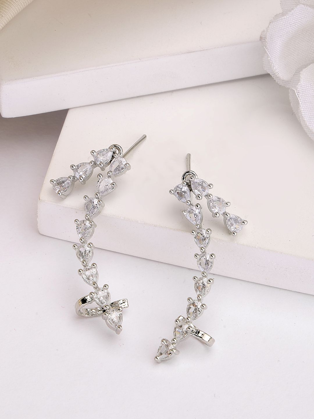 ZENEME Rhodium Plated American Diamond Studded Teardrop Shaped Ear Cuff Earrings