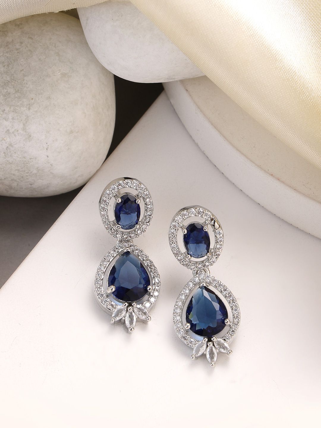 ZENEME Rhodium Plated American Diamond Teardrop Shaped Drop Earrings