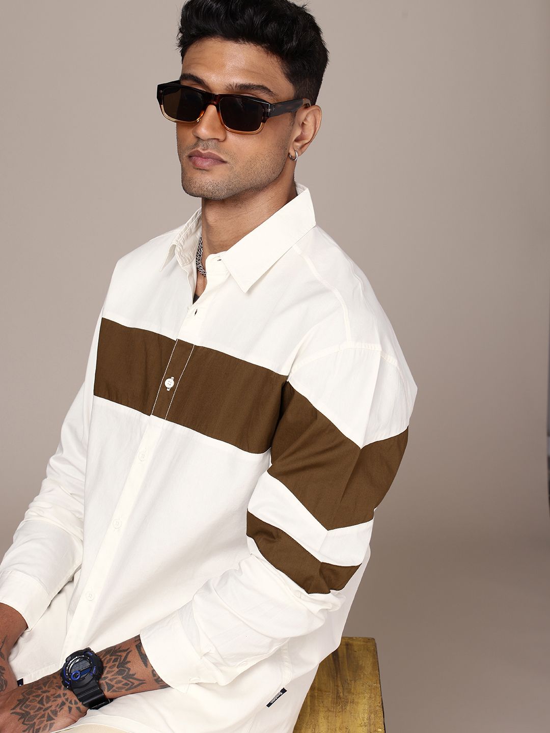 The Roadster Life Co. Pure Cotton Colourblocked Drop-Shoulder Relaxed Fit Casual Shirt