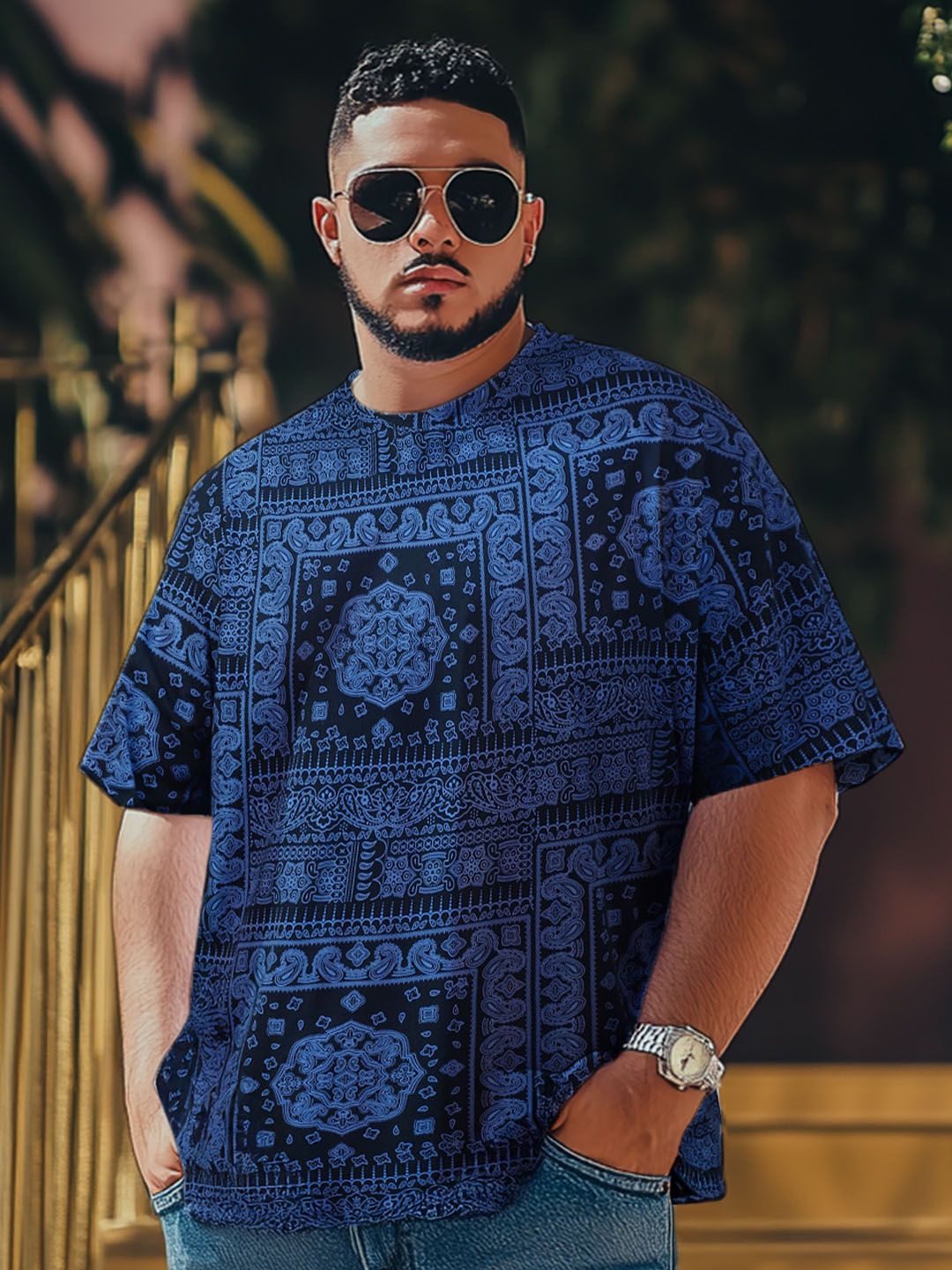 VEIRDO Men Plus Size Paisley Printed Round Neck Pure Cotton Oversized T-shirt