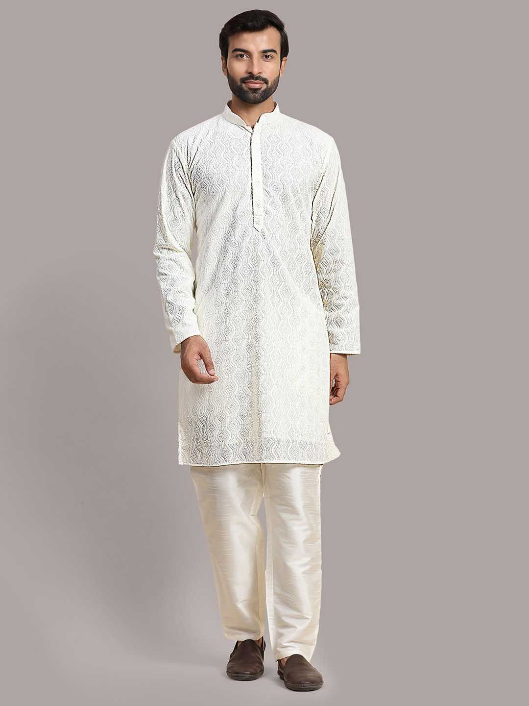 Rawayi Ethnic Motifs Woven Design Mandarin Collar Chikankari Pure Cotton Straight Kurta