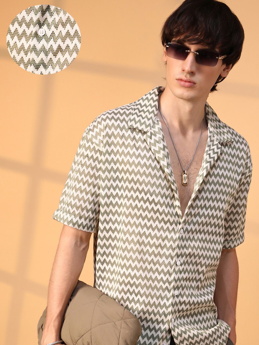 CAHOOT Men Comfort Cuban Collar Chevron Printed Oversized Casual Shirt