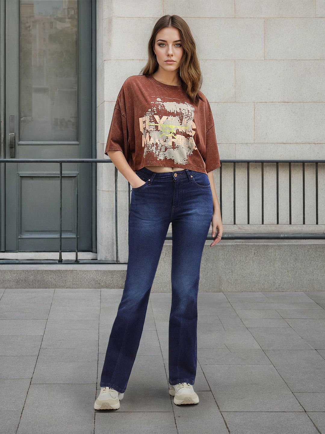 Flying Machine Women Flared High-Rise Cotton Light Fade Stretchable Jeans