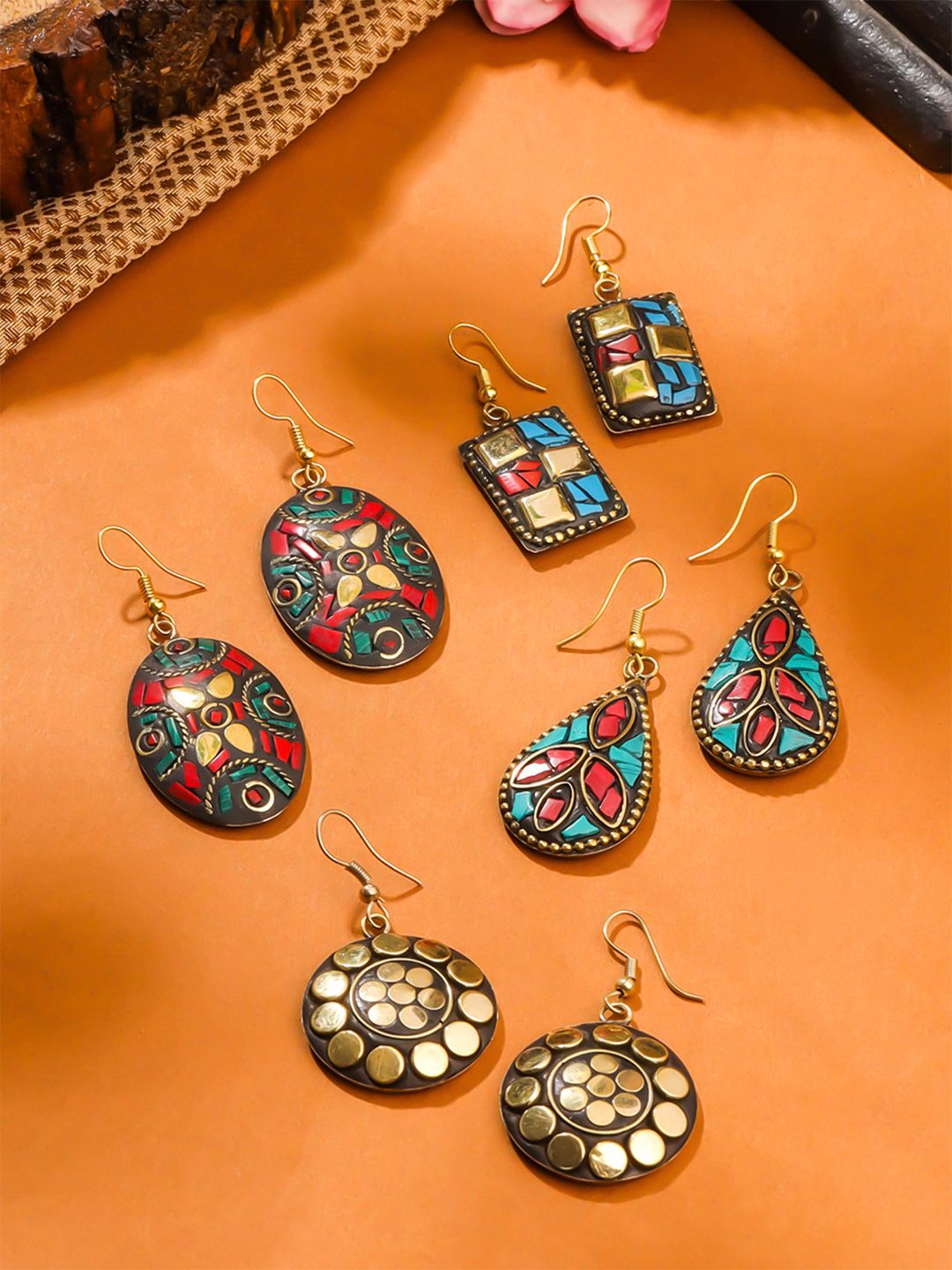 Set Of 4 Drop Earrings Yellow Chimes Set Of 4 Gold Plated Tibetan Contemporary Drop Earrings