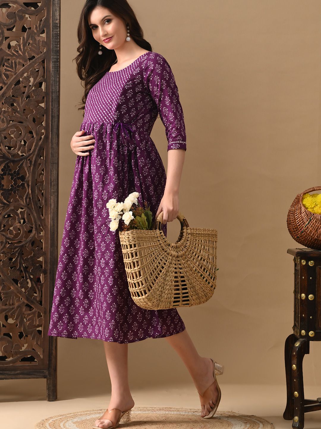 MURLI KURTI Floral Printed Round Neck Cotton Fit and Flare Maternity Ethnic Dress