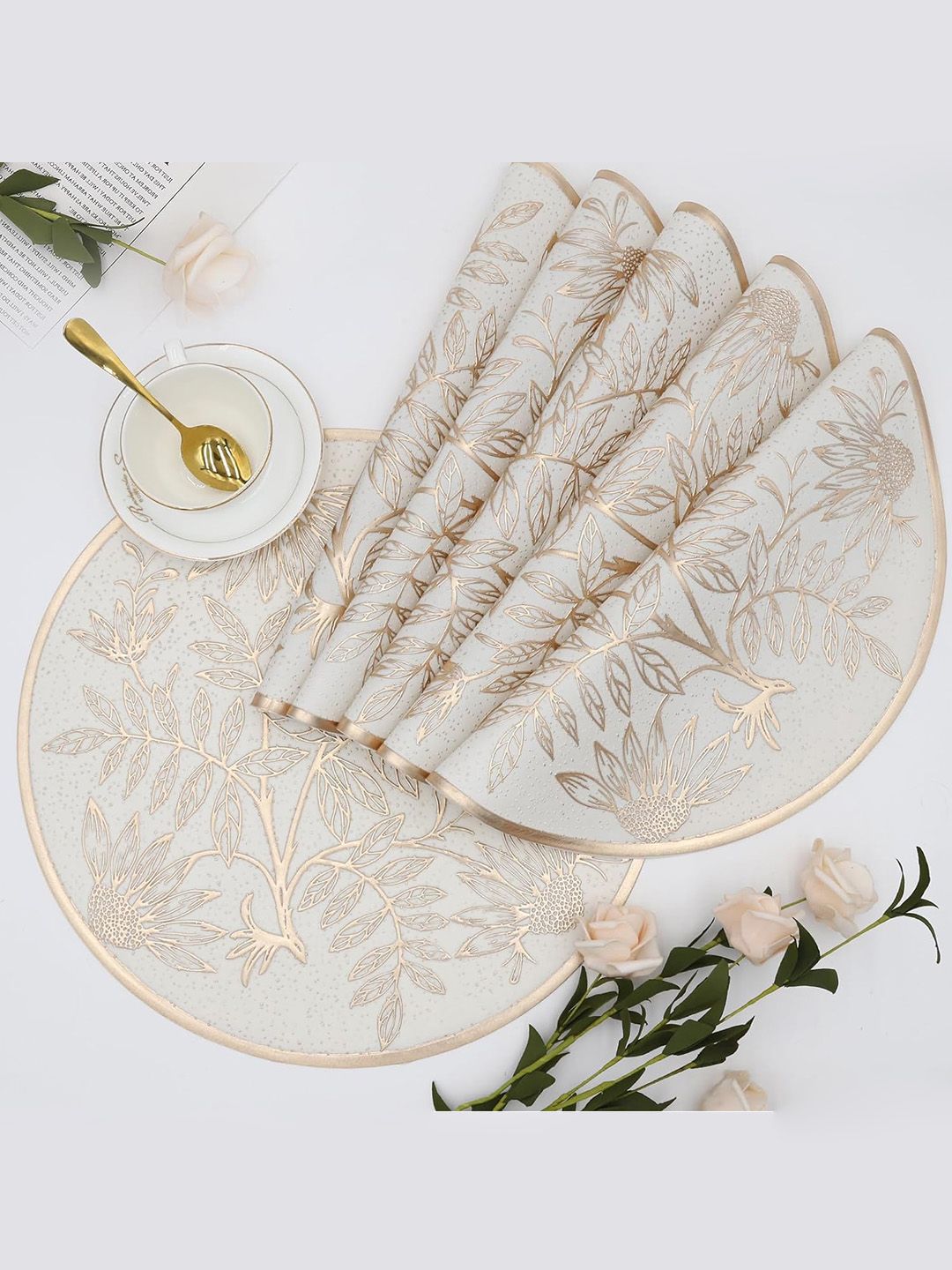 Dakshya Industries 6 Pieces White & Gold-Toned Floral Embellished Round Table Placemats