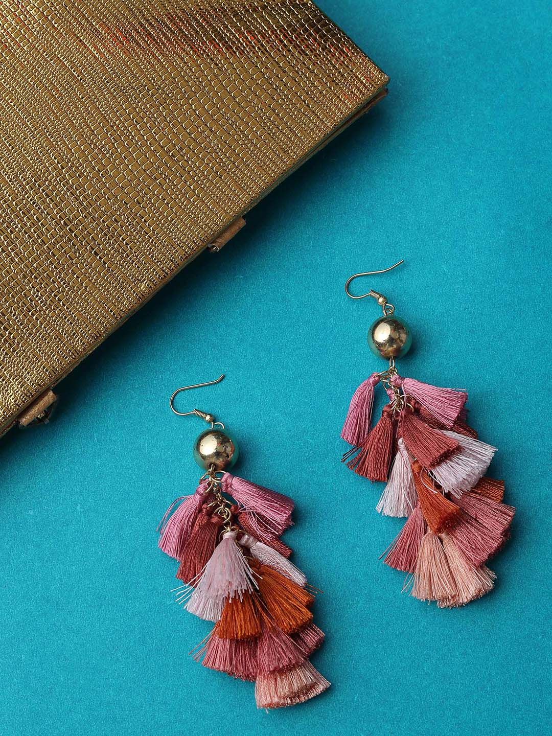 Blueberry Pink & Gold-Toned Tasselled Drop Earrings Price in India