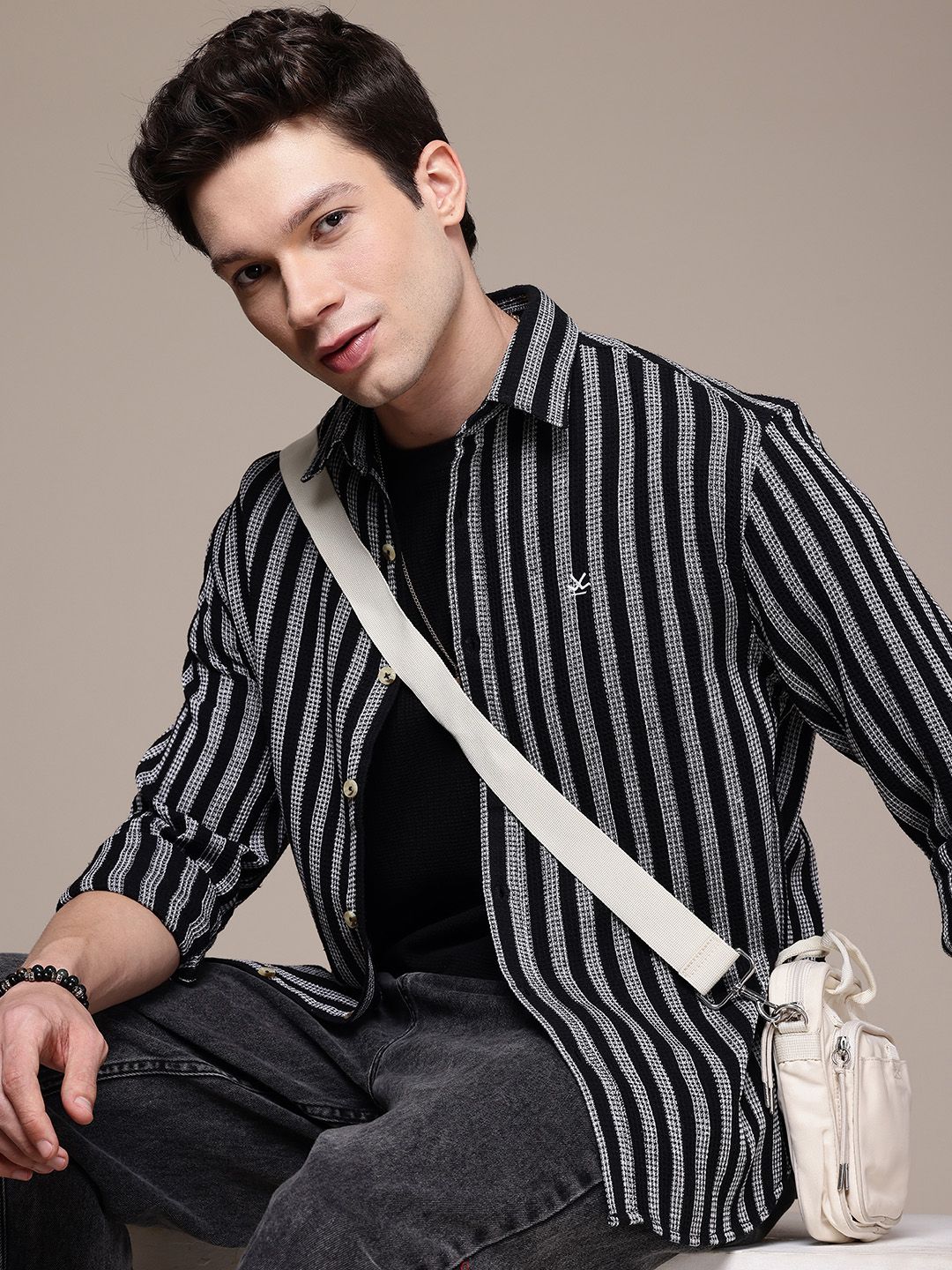 WROGN Pure Cotton Striped Drop-Shoulder Sleeves Comfort Fit Knitted Casual Shirt