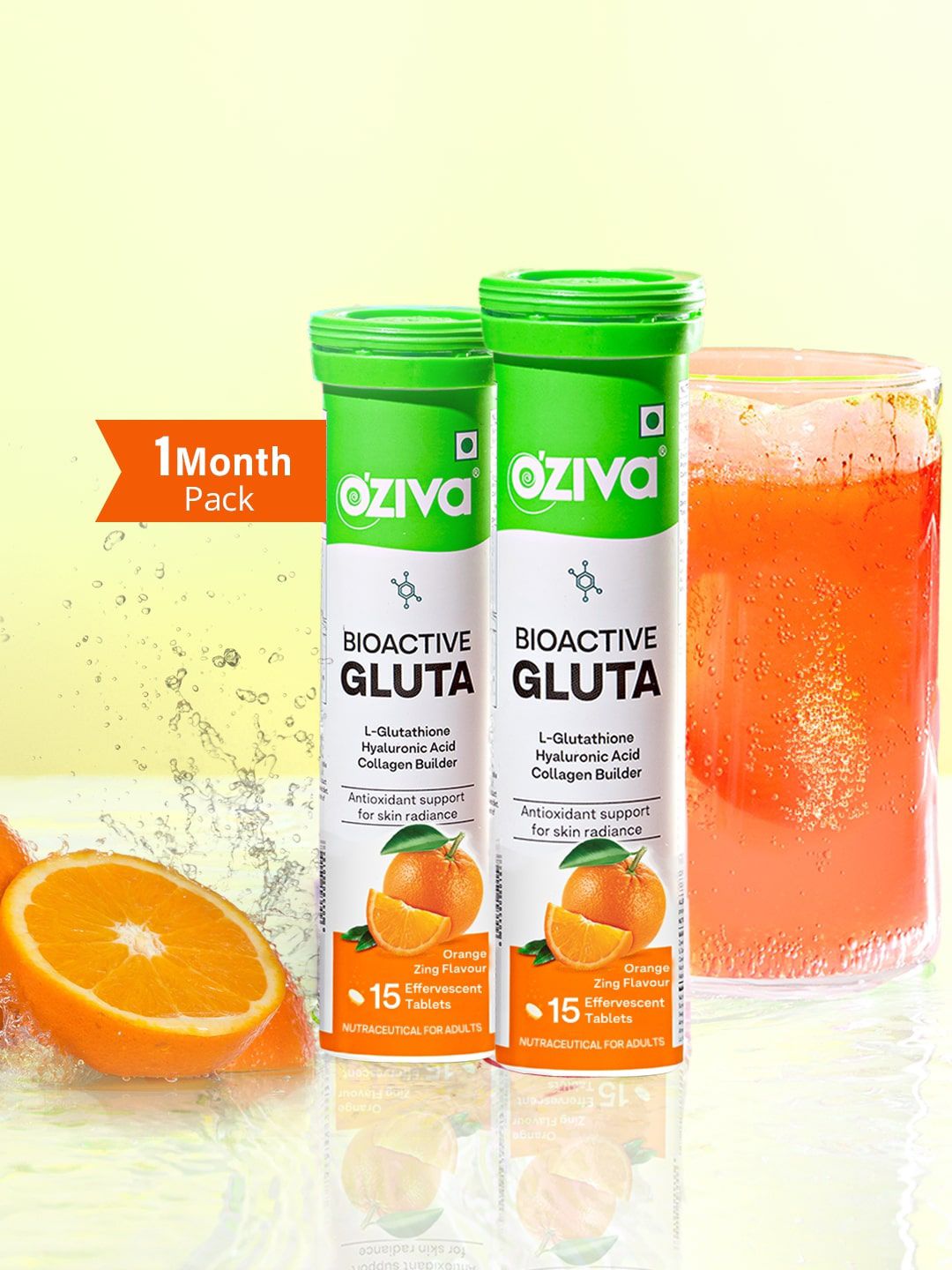 OZiva Gluta Fizzy Orange Zing Helps Hyperpigmentation With L-Glutathione - 15 tab Each