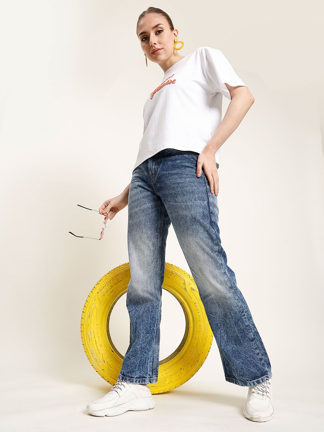 Bene Kleed Women Classic Bootcut Mid-Rise Pure Cotton Heavy Fade Jeans