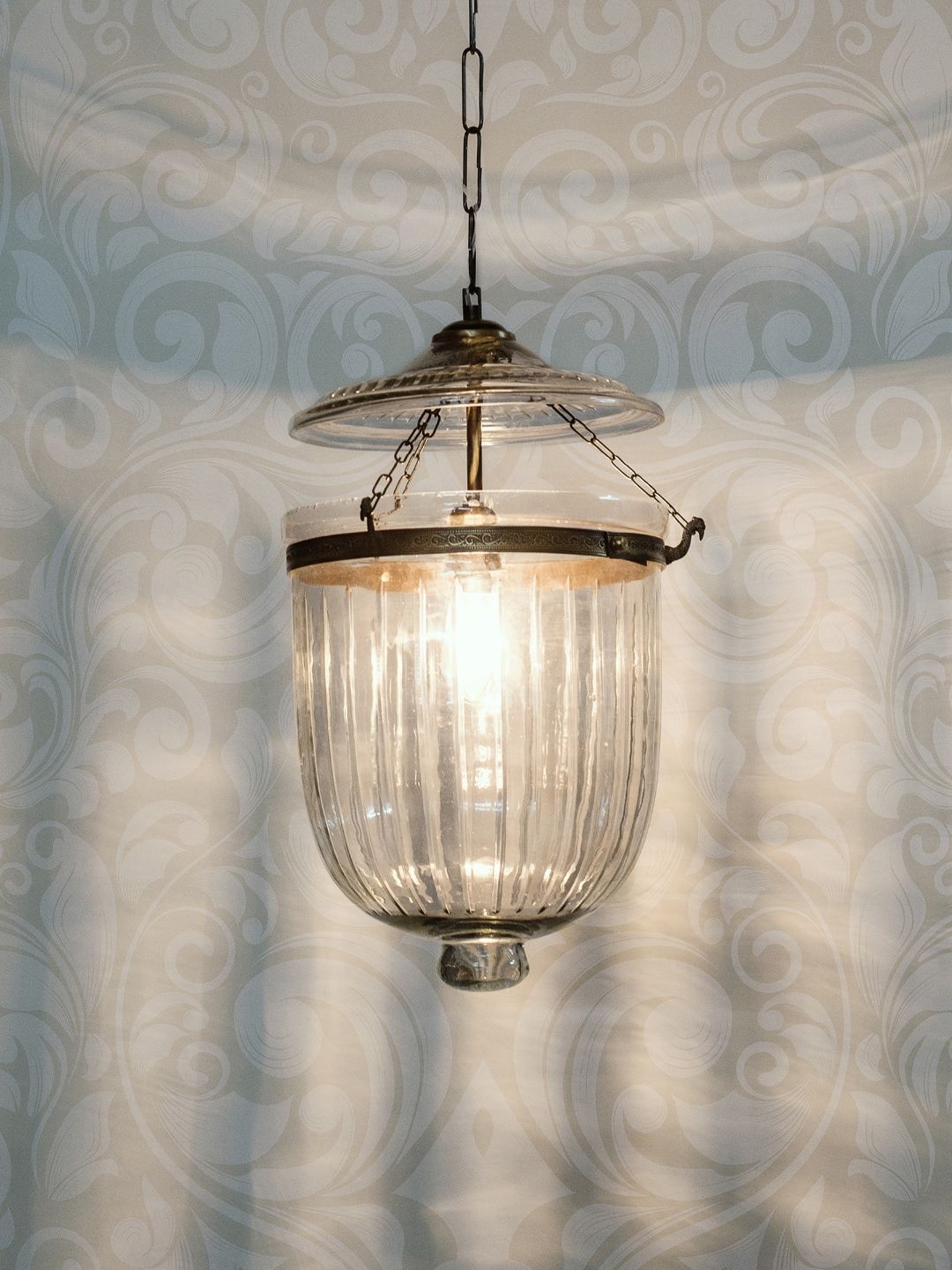 Fos Lighting Gold-Toned Hundi Line Cut Glass Bell Jar Hanging Lantern Price in India