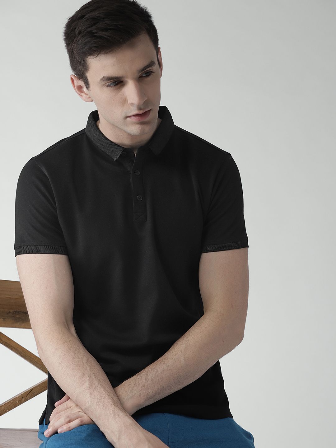 Mast & Harbour Men Black Solid Polo Collar T-shirt