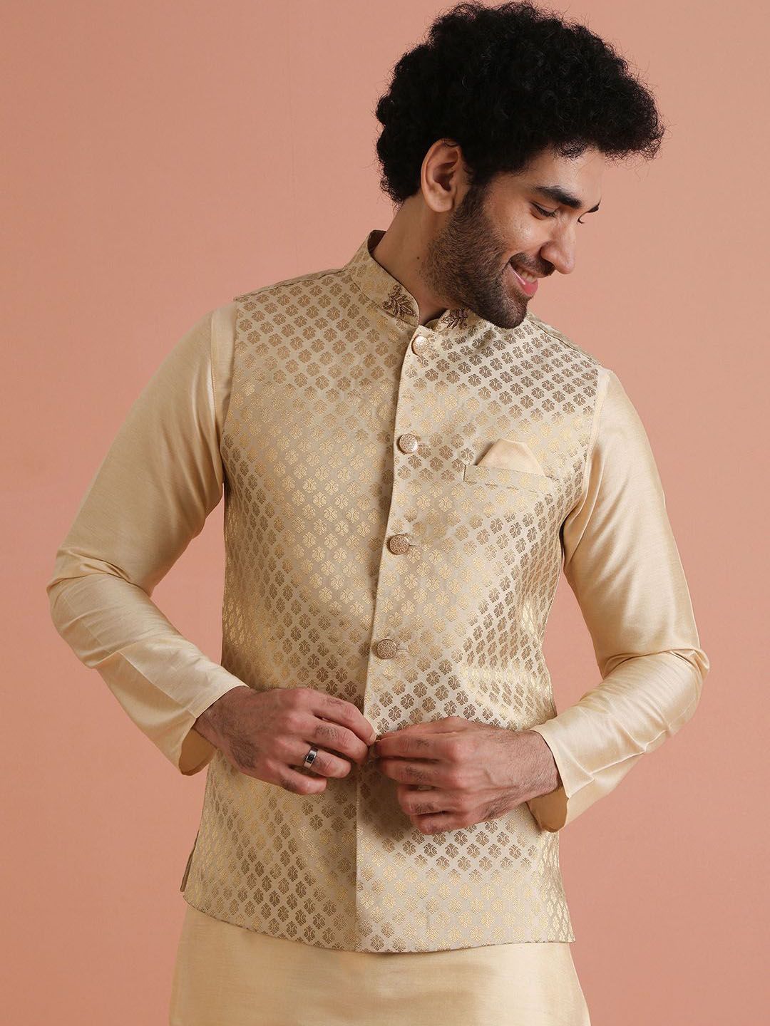 KISAH Men Jacquard Regular Fit Ethnic Motifs Nehru Jacket