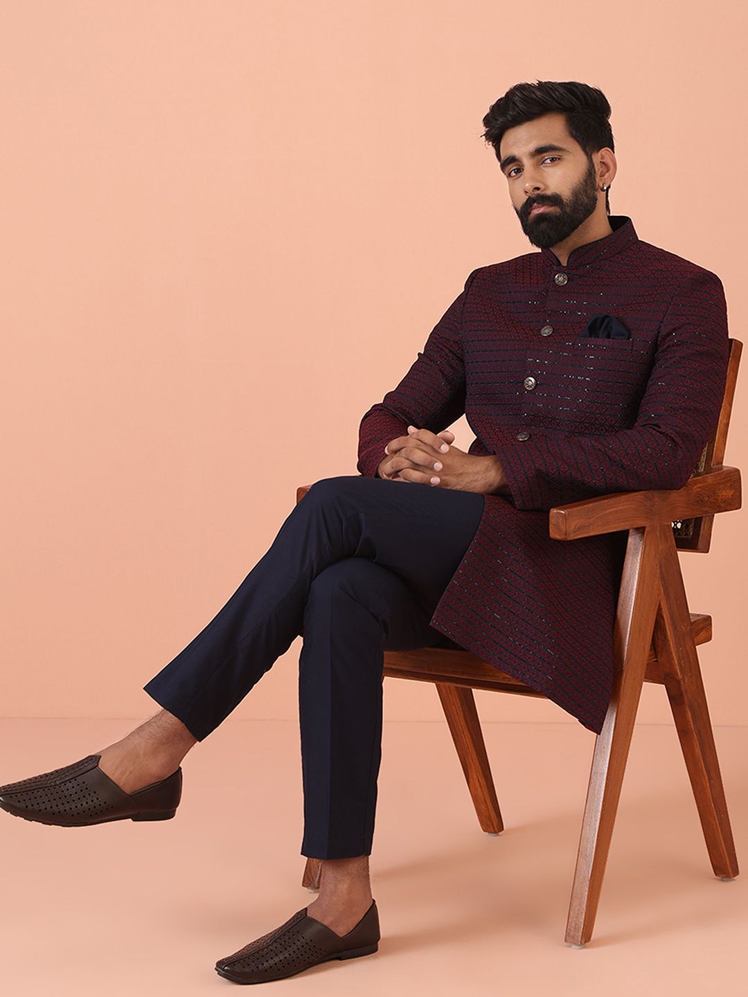 KISAH Men Jacquard Regular Fit Sequinned Indowestern Sherwani Trouser Set