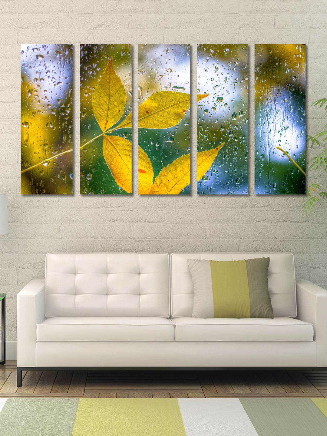 999Store Yellow & Green 5 Panel Leaves Wall Art Price in India