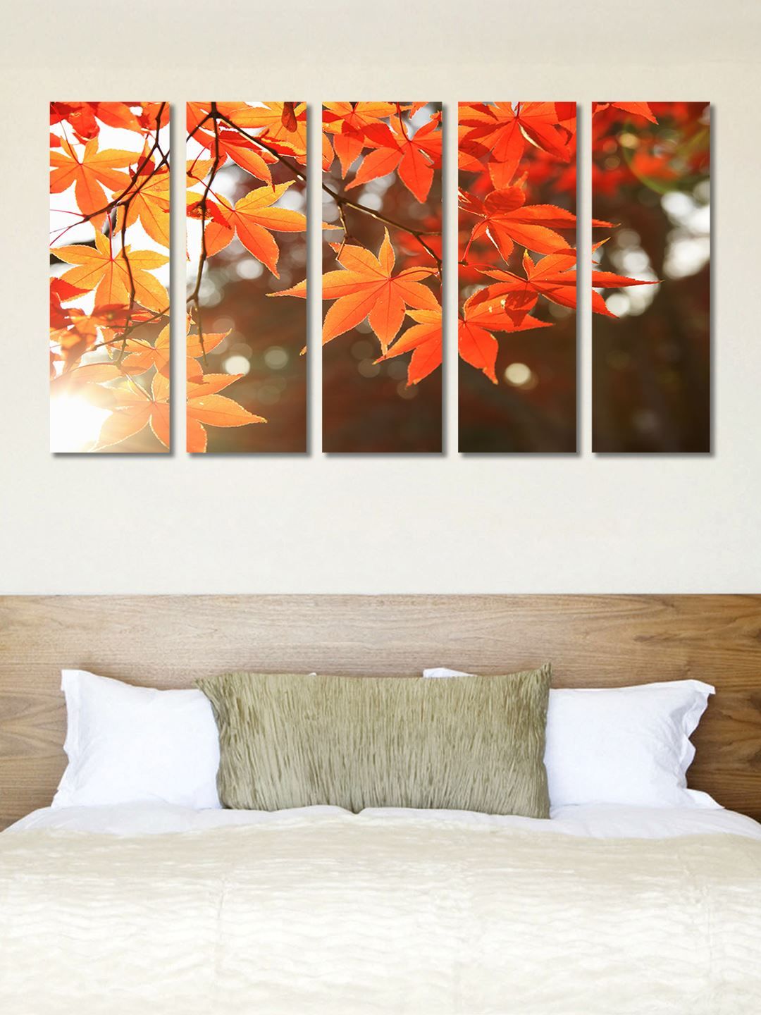 999Store Orange & Brown 5 Panel Leaves Wall Art Price in India