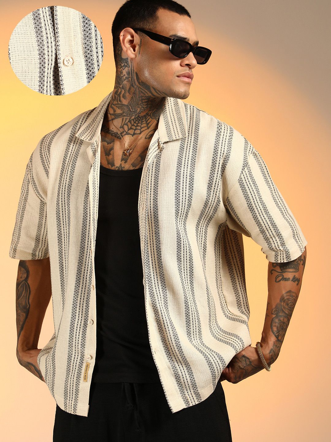CAHOOT Men Comfort Cuban Collar Vertical Striped Cotton Oversized Casual Shirt