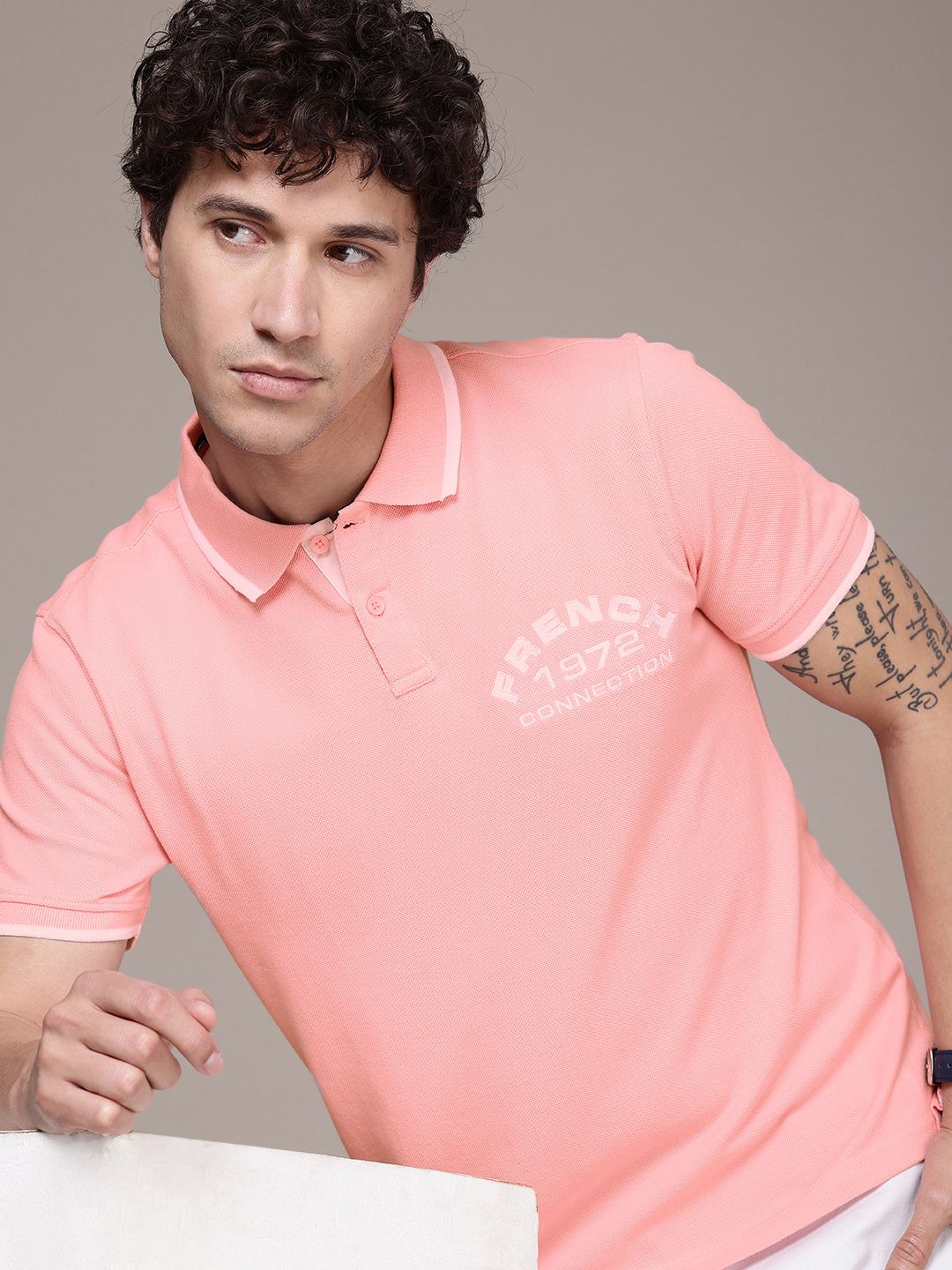 French Connection Brand Logo Printed Polo Collar Bio Finish T-shirt