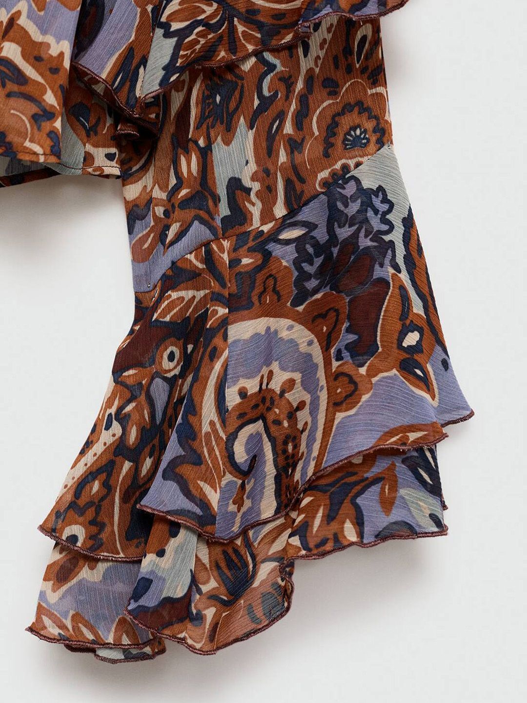 Printed Tie-Up Neck Bell Sleeve Ruffles A-Line Top