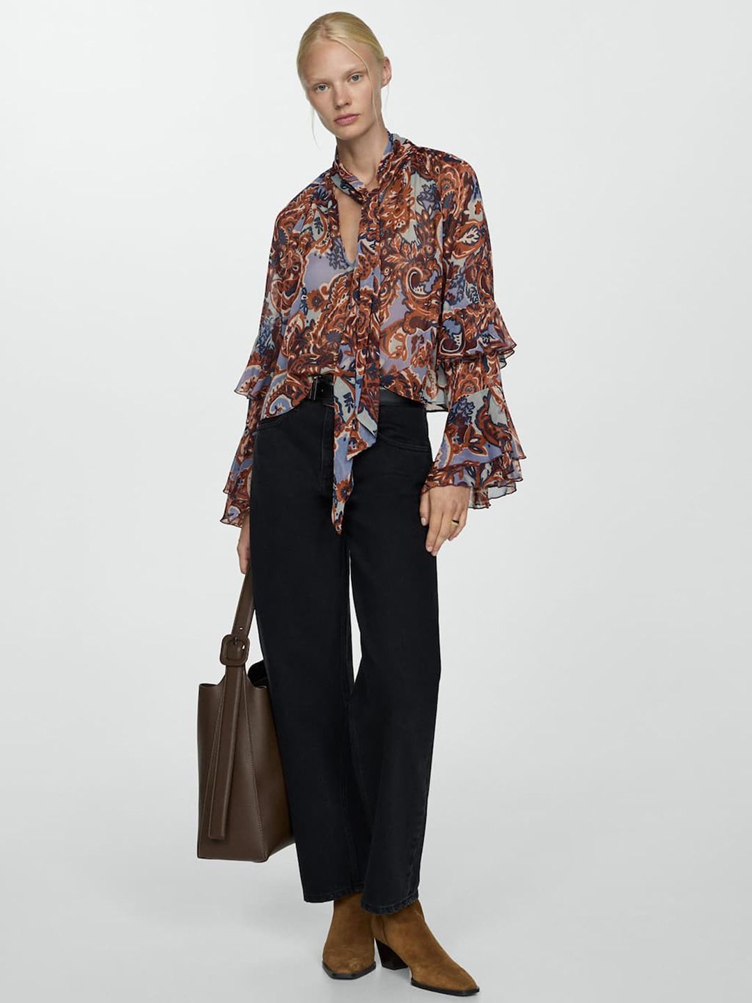Printed Tie-Up Neck Bell Sleeve Ruffles A-Line Top