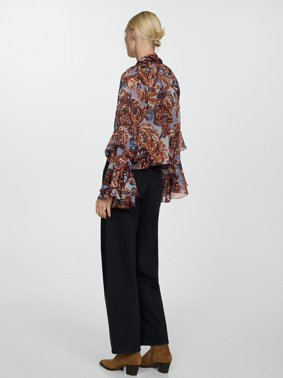 Printed Tie-Up Neck Bell Sleeve Ruffles A-Line Top