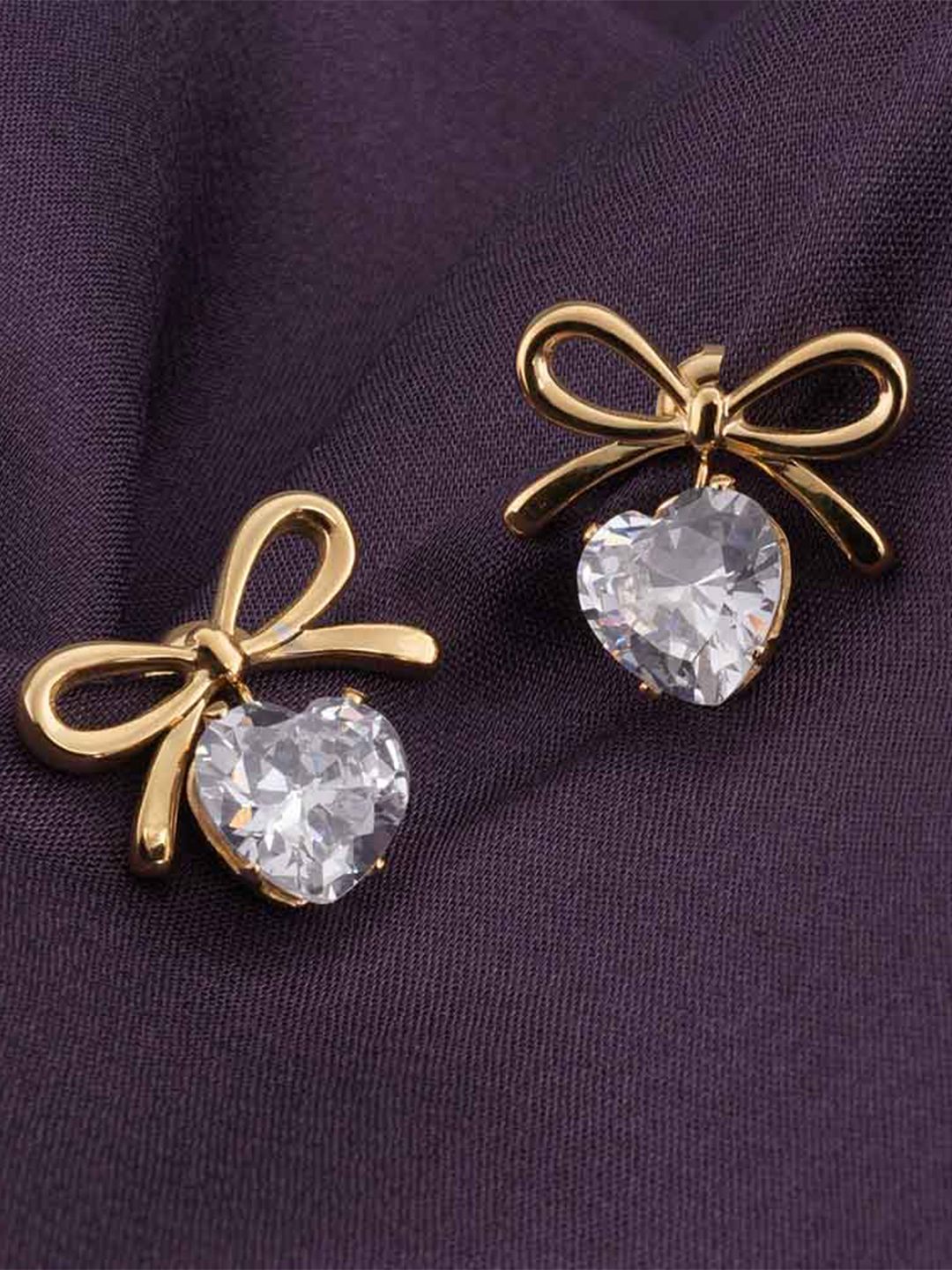 Gold Plated Bow Studs PALMONAS Stainless Steel Gold Plated Stone Studded Contemporary Bow Studs