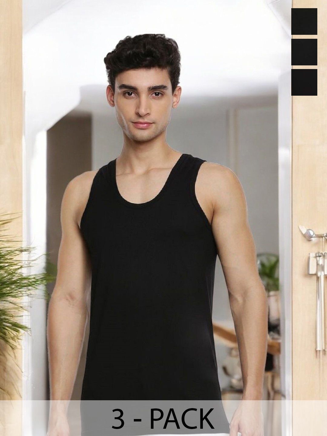 Ramraj Pack of 3 Men Black Scoop Neck Sleeveless Cotton Innerwear Vest