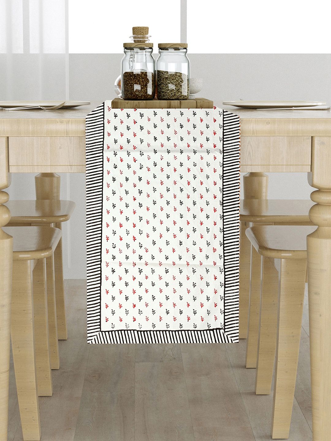 LIVING ROOTS White & Black Floral Printed Cotton Table Runner