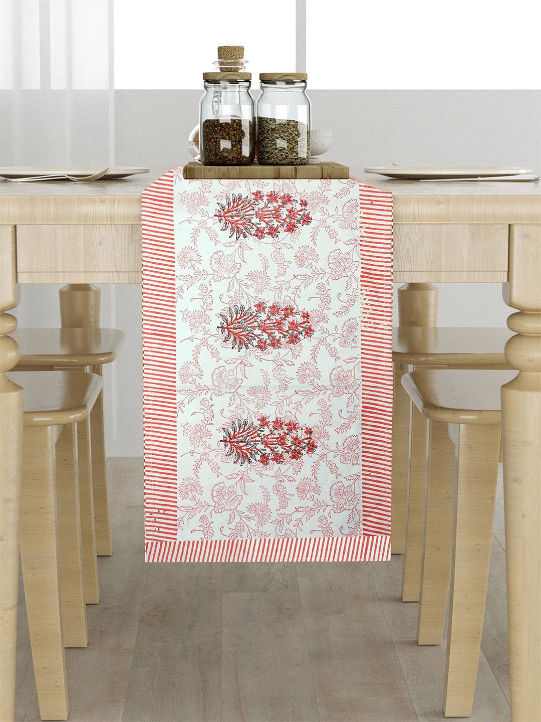 LIVING ROOTS White & Pink Floral Printed Cotton Table Runner